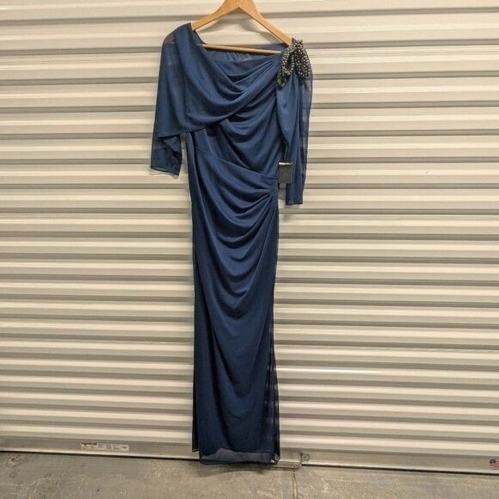 Dark Academia Old Money Adrianna Papell Navy Beaded Evening Gown 12 NWT
